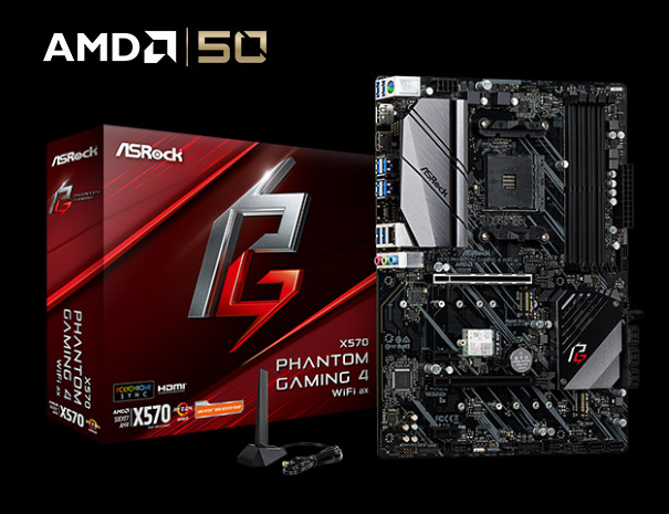 ASRock X570 Phantom Gaming 4 WiFi ax Motherboard Next to Its Product Box and the AMD 50 Logo
